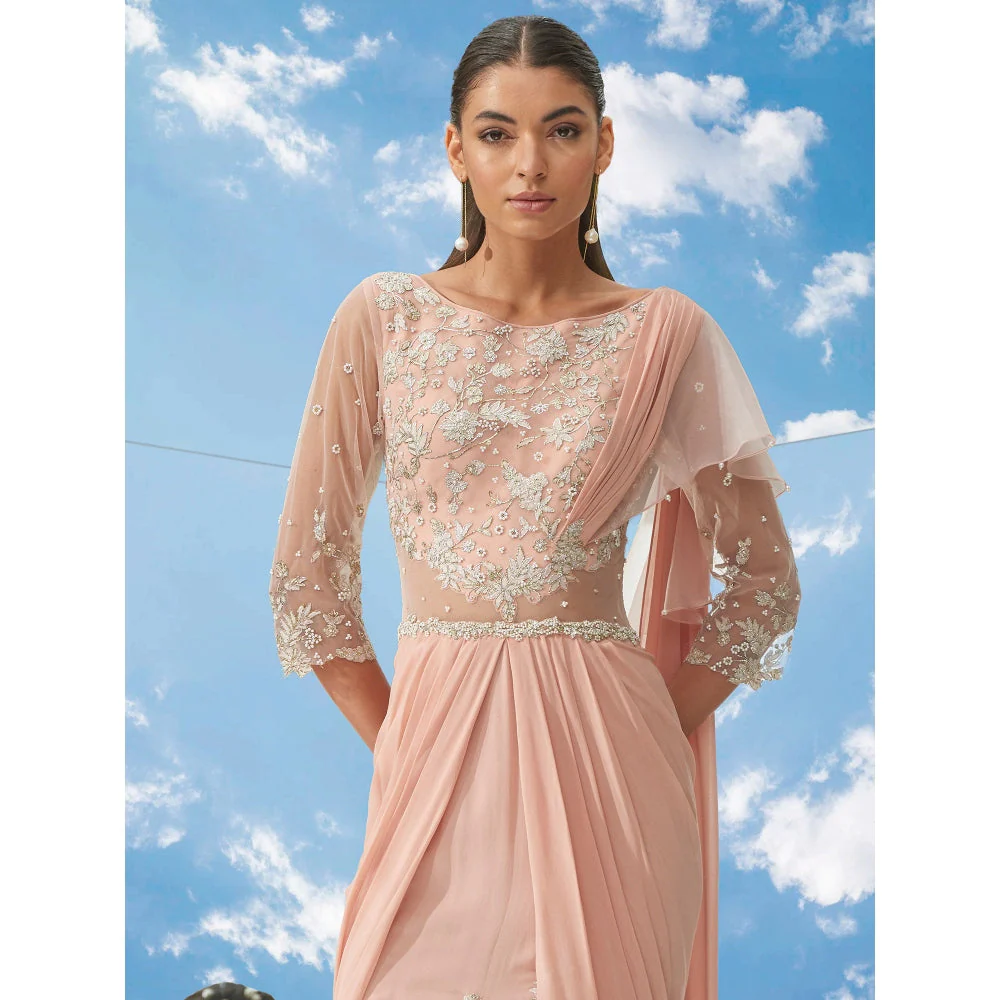 Mandira Wirk Peach Applique Twist Peach Fish Tail Drape Saree With Stitched Blouse (Set of 2) - Image 5