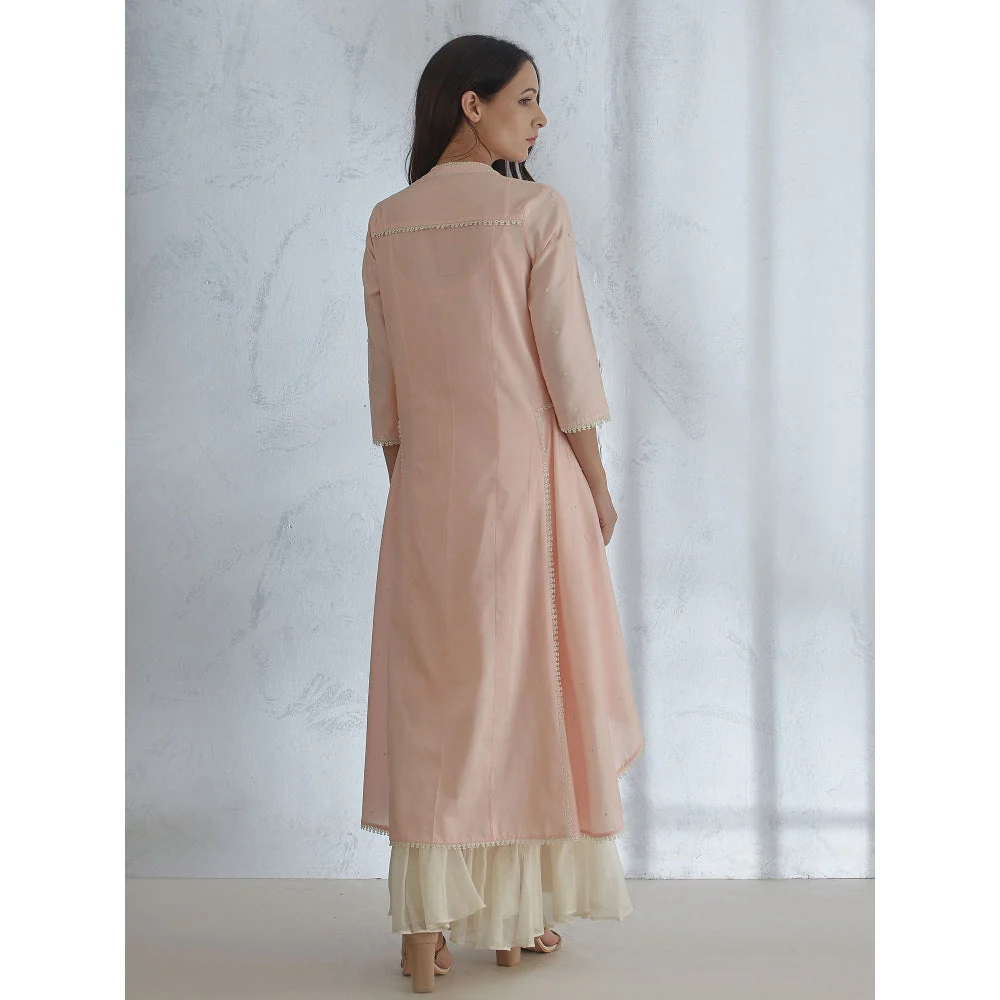 Mandira Wirk Peach Embroidered Kurta With Sharara And Scarf (Set of 3) - Image 2