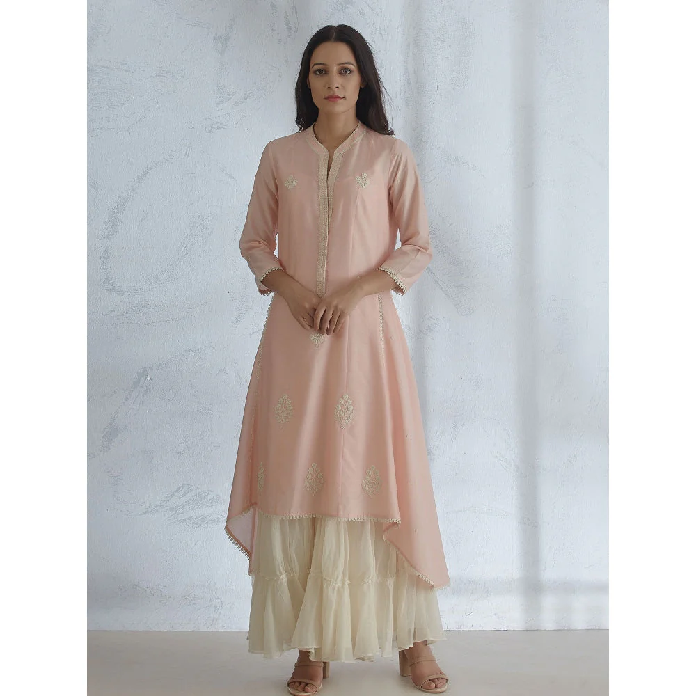 Mandira Wirk Peach Embroidered Kurta With Sharara And Scarf (Set of 3) - Image 3