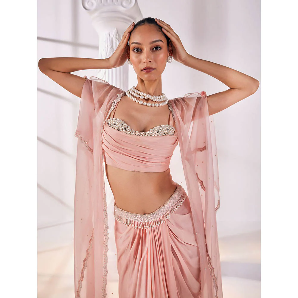 MANDIRA WIRK Peach Fusion Style Top with Skirt (Set of 3) - Image 4