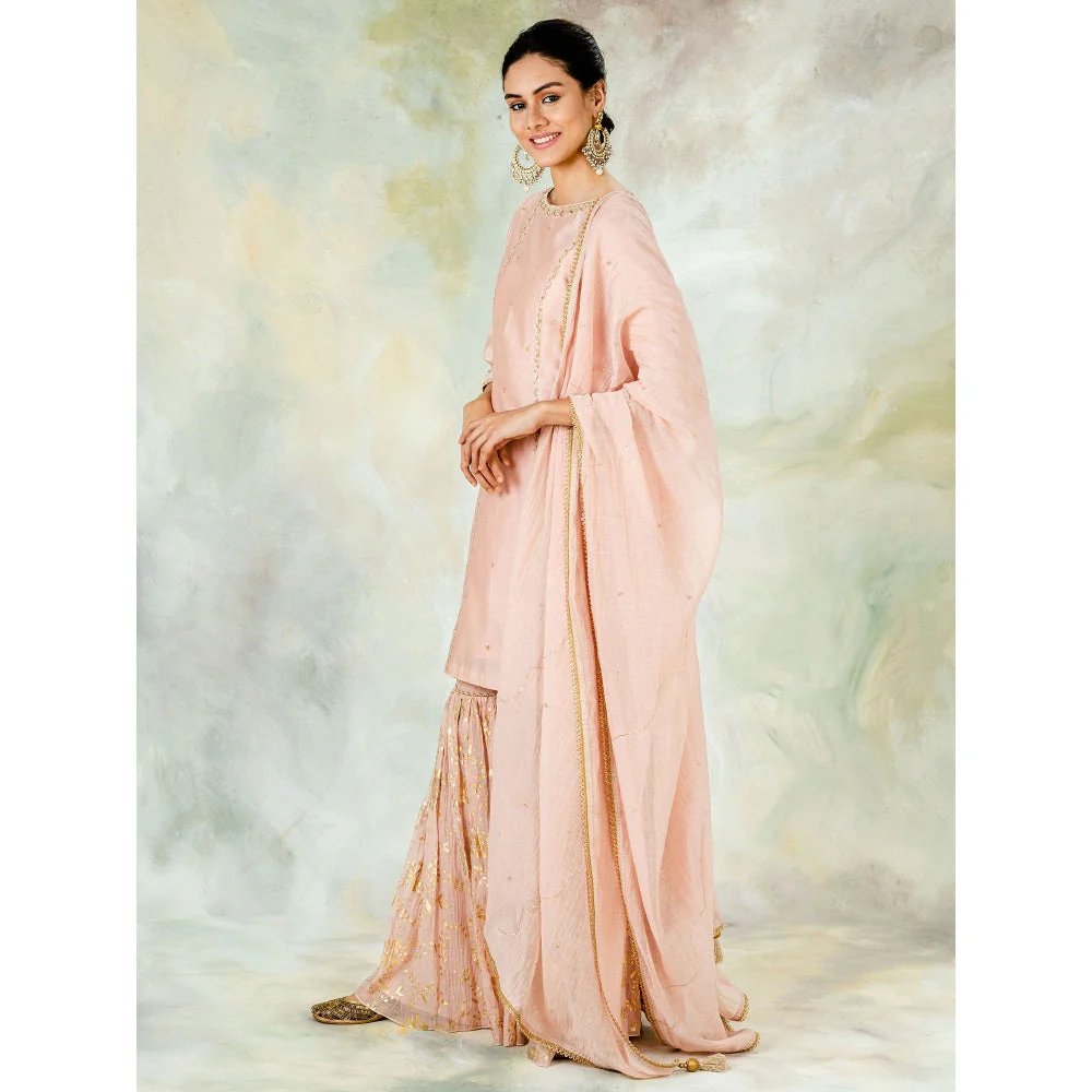 Mandira Wirk Peach Sequin Embellished Kurta With Foil Print Garara And Dupatta (Set of 3) - Image 3