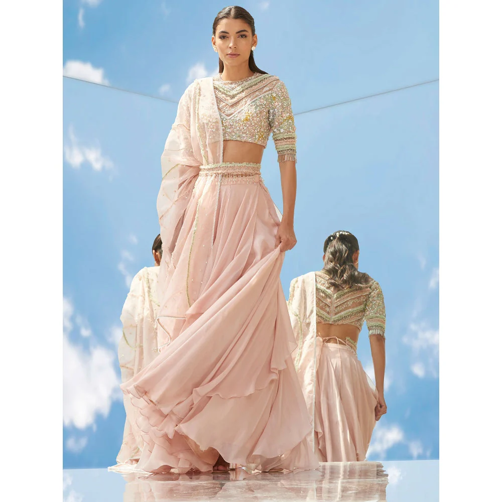 Mandira Wirk Peach Valley Of Flower Embroidered Valley Skirt With Kurta & Dupatta (Set of 3) - Image 3