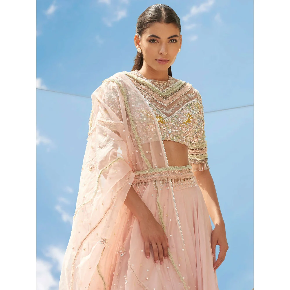Mandira Wirk Peach Valley Of Flower Embroidered Valley Skirt With Kurta & Dupatta (Set of 3) - Image 4
