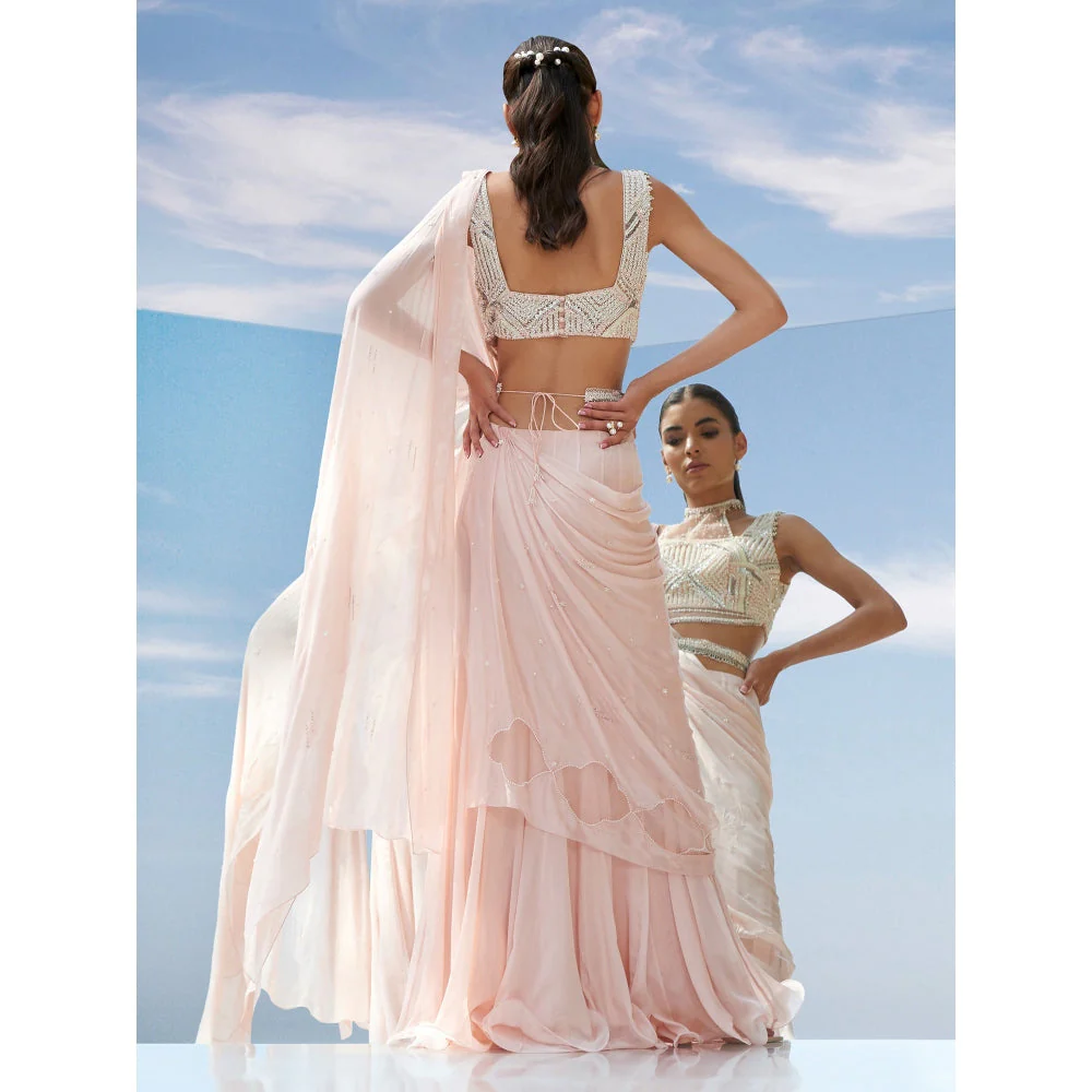 Mandira Wirk Pearly Peach Embroidered Drape Saree With Stitched Blouse (Set of 2) - Image 3