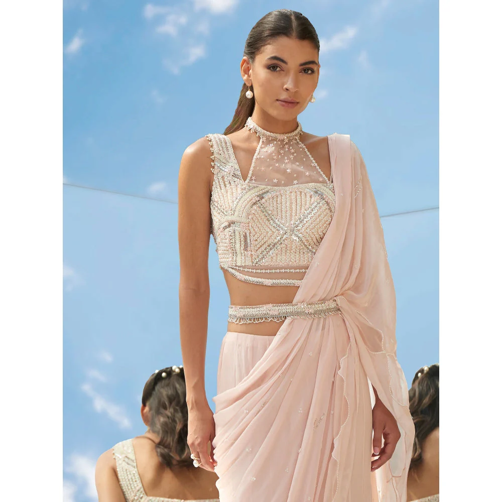 Mandira Wirk Pearly Peach Embroidered Drape Saree With Stitched Blouse (Set of 2) - Image 4