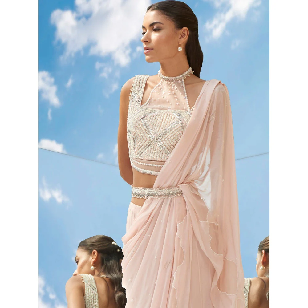 Mandira Wirk Pearly Peach Embroidered Drape Saree With Stitched Blouse (Set of 2) - Image 5