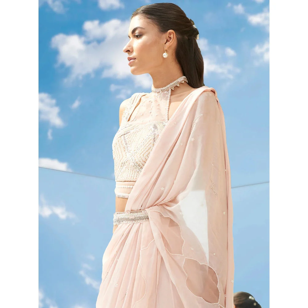 Mandira Wirk Pearly Peach Embroidered Drape Saree With Stitched Blouse (Set of 2) - Image 6