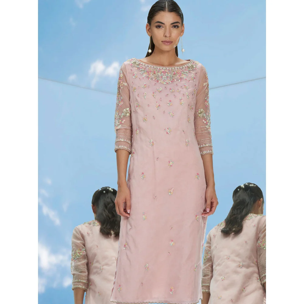 Mandira Wirk Pink Disperse Garden Embroidered Organza Kurta With Pant & Dupatta (Set of 3) - Image 4