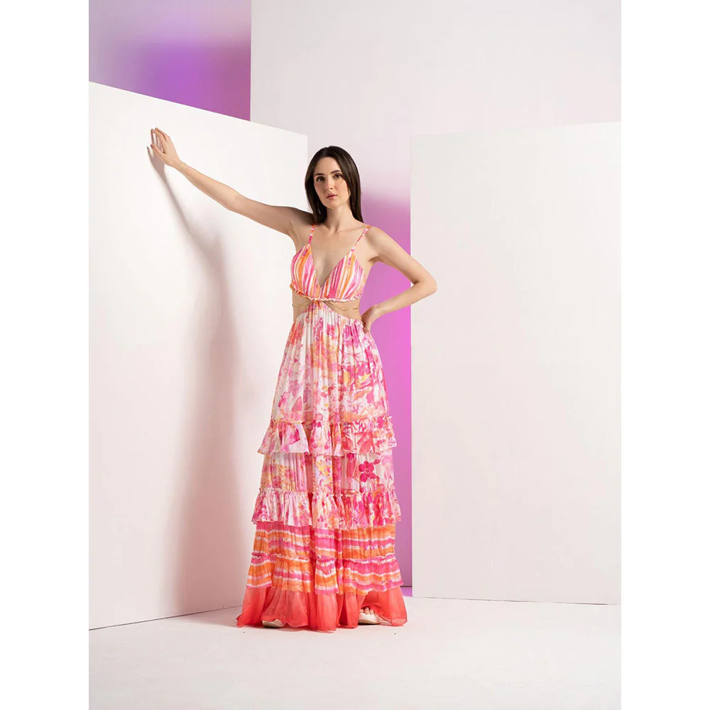 MANDIRA WIRK Pink Fancy Fusion Full Length Dress with Stylized Chain At Waist and Tie Up Back - Image 3