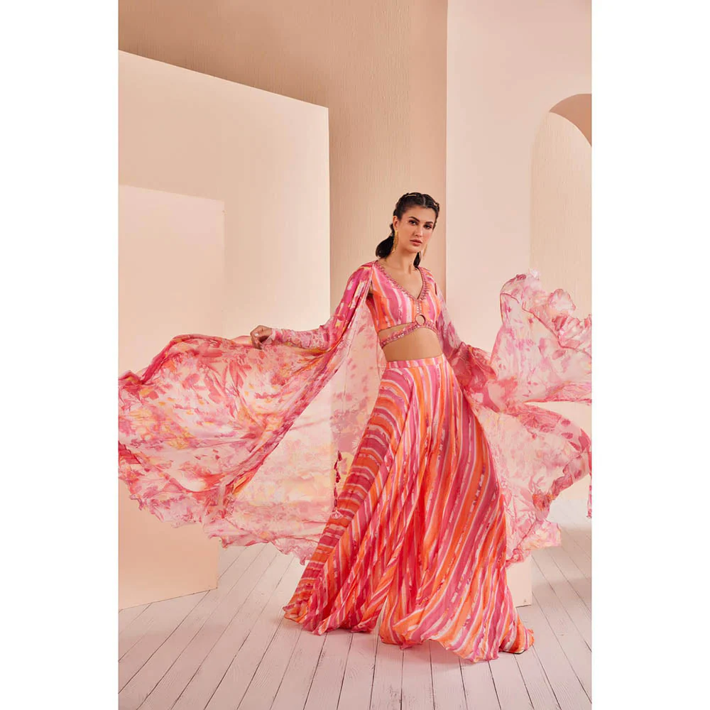 MANDIRA WIRK Pink Printed Chiffon Blouse and Sharara with Cape (Set of 3) - Image 3