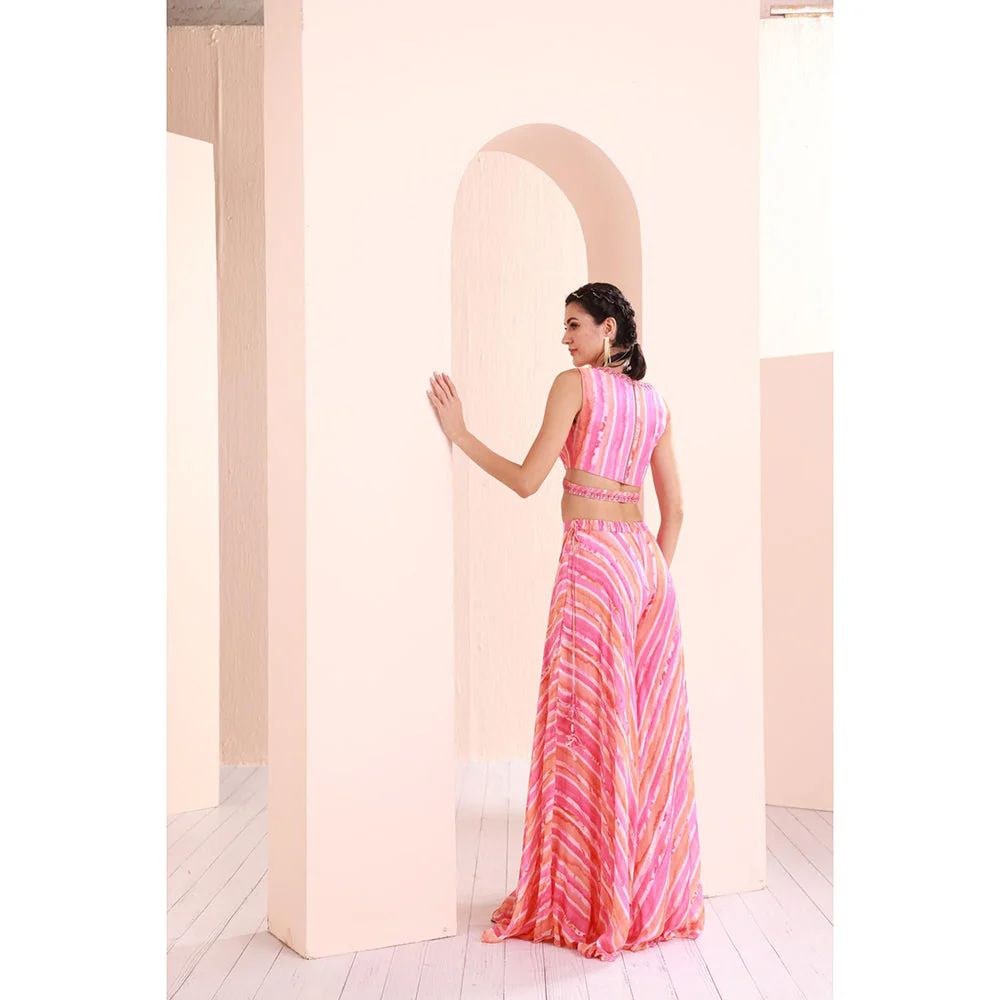 MANDIRA WIRK Pink Printed Chiffon Blouse and Sharara with Cape (Set of 3) - Image 5