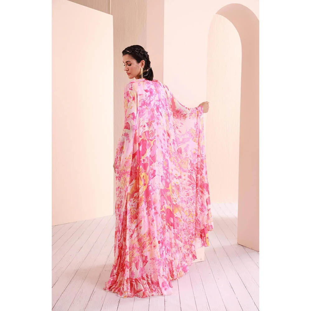 MANDIRA WIRK Pink Printed Chiffon Blouse and Sharara with Cape (Set of 3) - Image 6