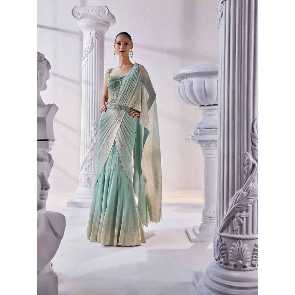 MANDIRA WIRK Pista And Gold Top with Skirt (Set of 3) - Image 3
