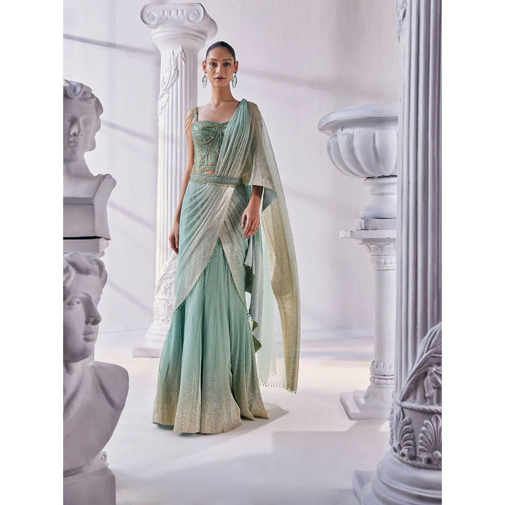 MANDIRA WIRK Pista And Gold Top with Skirt (Set of 3) - Image 4