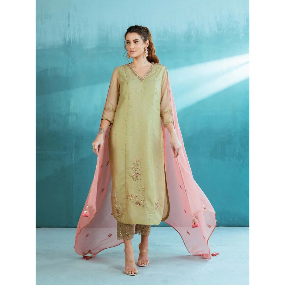 MANDIRA WIRK Pista Green Tissue Chanderi Kurta (Set of 4) - Image 3