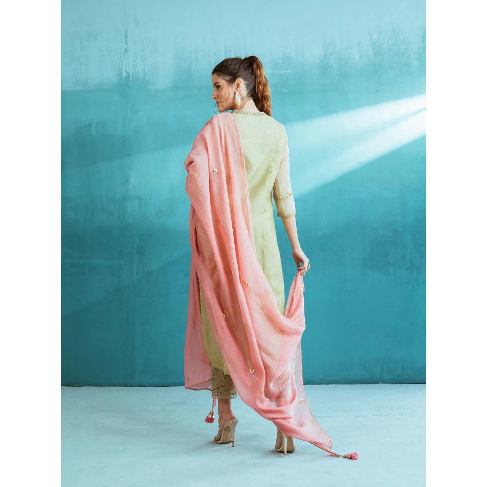 MANDIRA WIRK Pista Green Tissue Chanderi Kurta (Set of 4) - Image 4