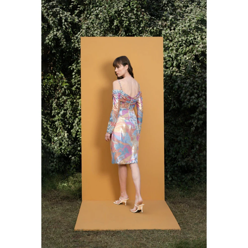 MANDIRA WIRK Pop Abstract Draped Sequins Printed Short Dress with Slit and Straps - Image 6