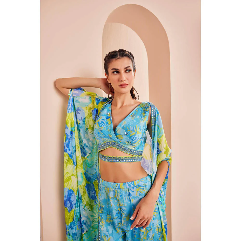 MANDIRA WIRK Printed Chiffon Embroidered Blouse Paired with Sharara, Belt and Cape (Set of 4) - Image 4