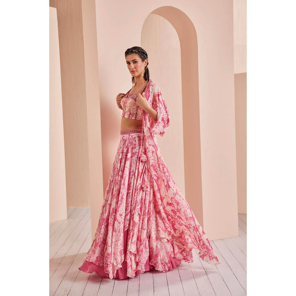 MANDIRA WIRK Printed Chiffon Lehenga Paired Up with Blouse and Cape (Set of 3) - Image 3