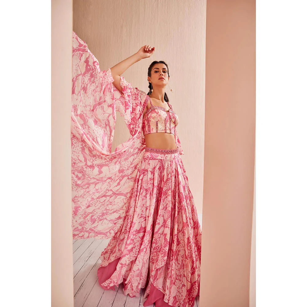 MANDIRA WIRK Printed Chiffon Lehenga Paired Up with Blouse and Cape (Set of 3) - Image 4