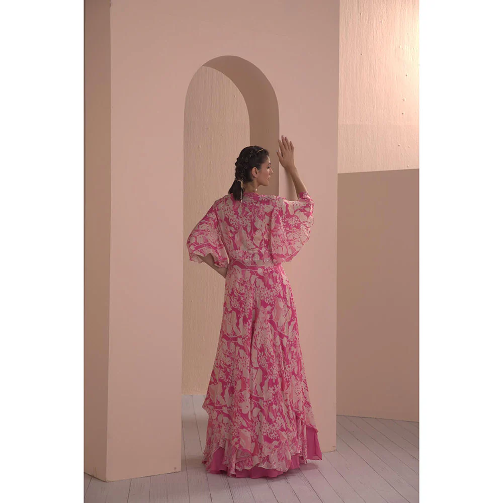 MANDIRA WIRK Printed Chiffon Lehenga Paired Up with Blouse and Cape (Set of 3) - Image 5