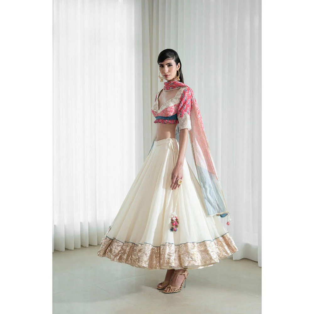 MANDIRA WIRK Printed Patchwork Ivory Blouse with Skirt and Dupatta - Image 3