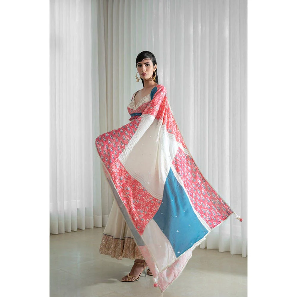 MANDIRA WIRK Printed Patchwork Ivory Blouse with Skirt and Dupatta - Image 5