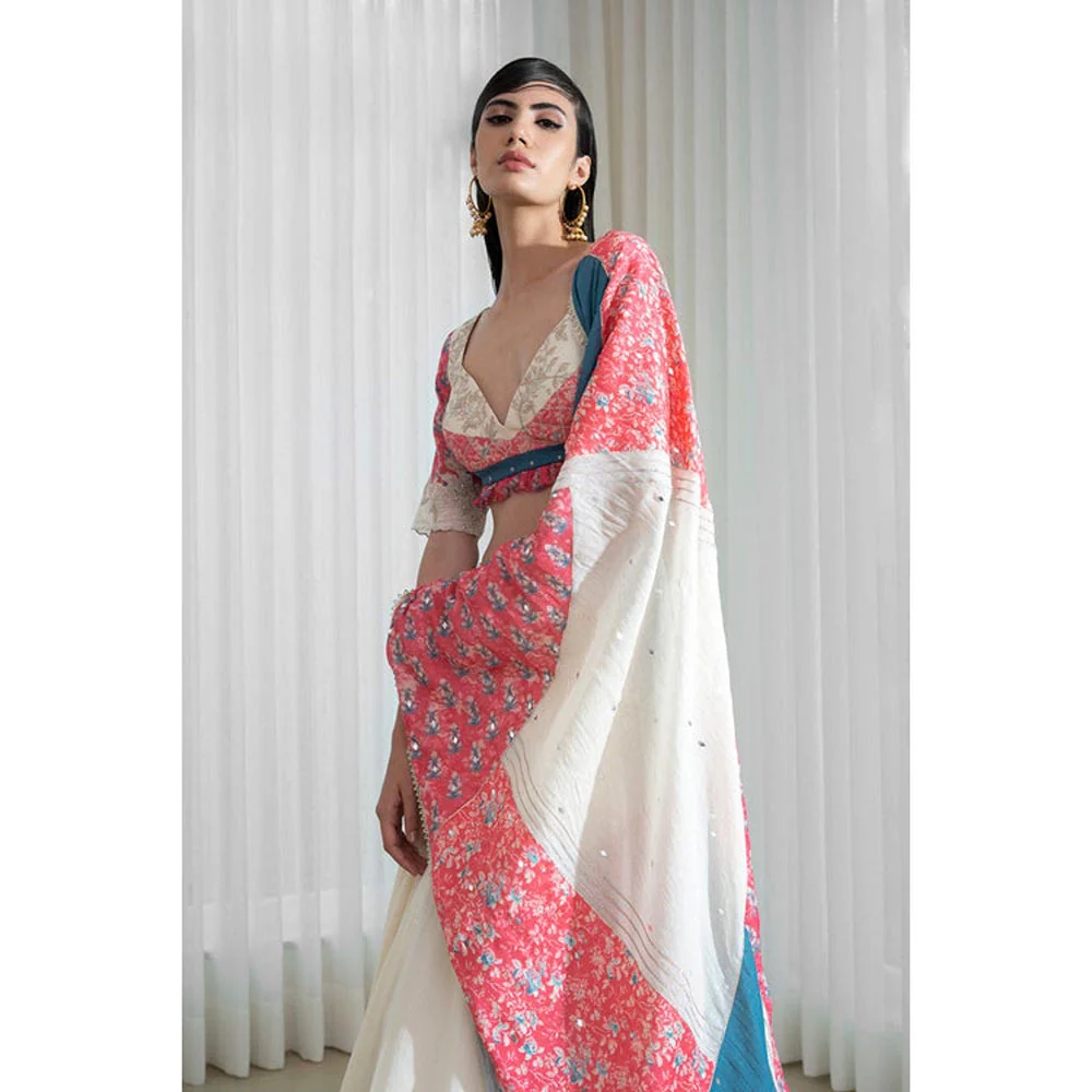 MANDIRA WIRK Printed Patchwork Ivory Blouse with Skirt and Dupatta - Image 6