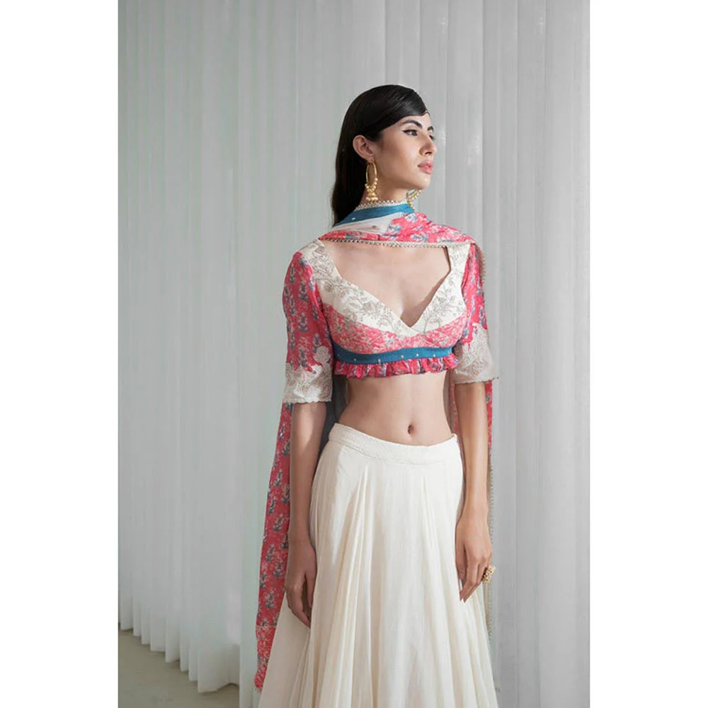 MANDIRA WIRK Printed Patchwork Ivory Blouse with Skirt and Dupatta - Image 7