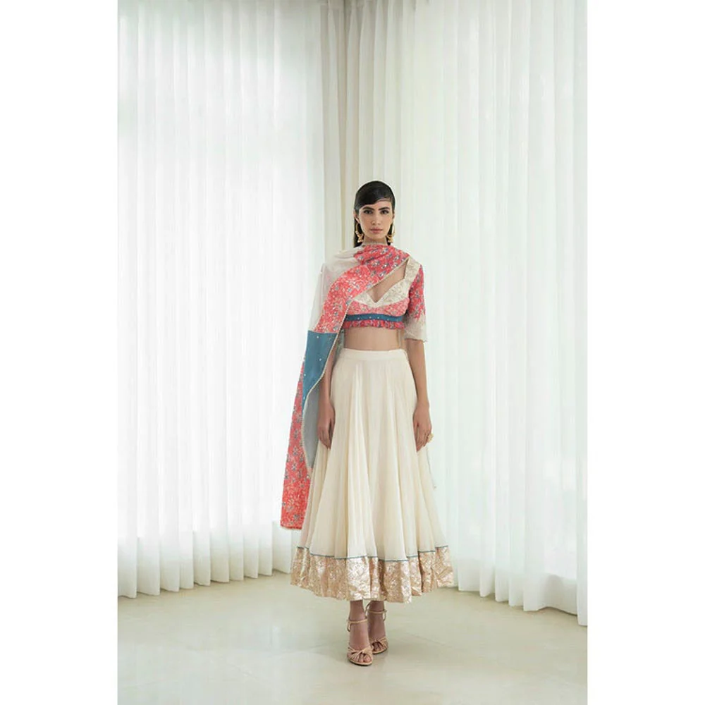 MANDIRA WIRK Printed Patchwork Ivory Blouse with Skirt and Dupatta - Image 8