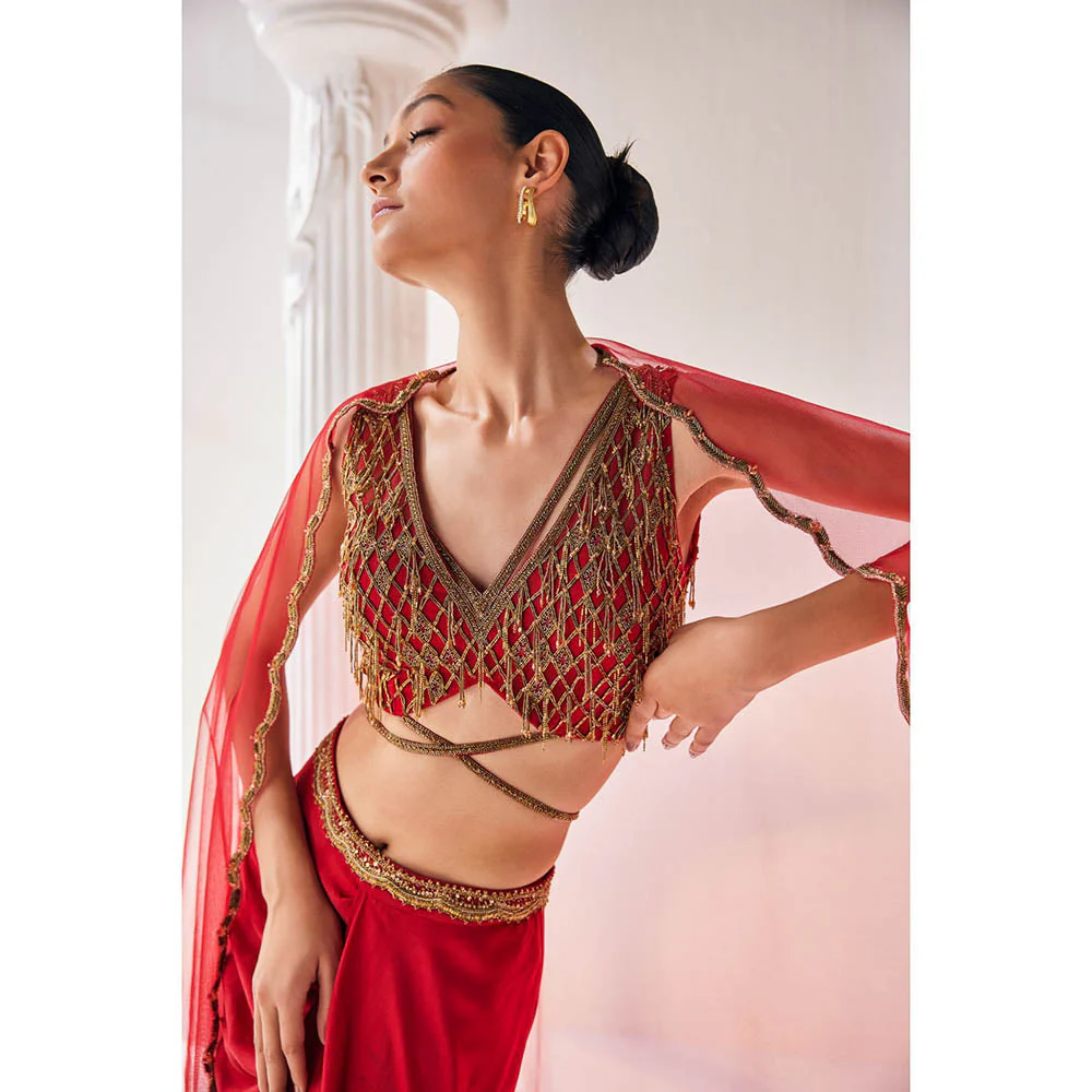 MANDIRA WIRK Red Fusion Style Top with Skirt (Set of 4) - Image 3