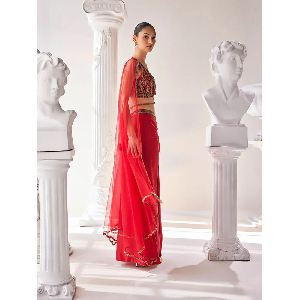 MANDIRA WIRK Red Fusion Style Top with Skirt (Set of 4) - Image 4