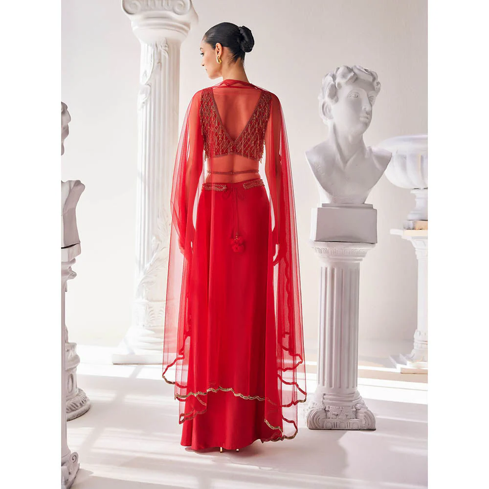 MANDIRA WIRK Red Fusion Style Top with Skirt (Set of 4) - Image 5