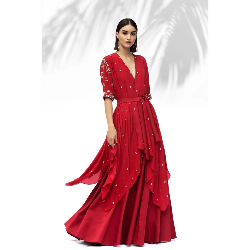 MANDIRA WIRK Ruby Red Tunic With Skirt (Set Of 3) - Image 3