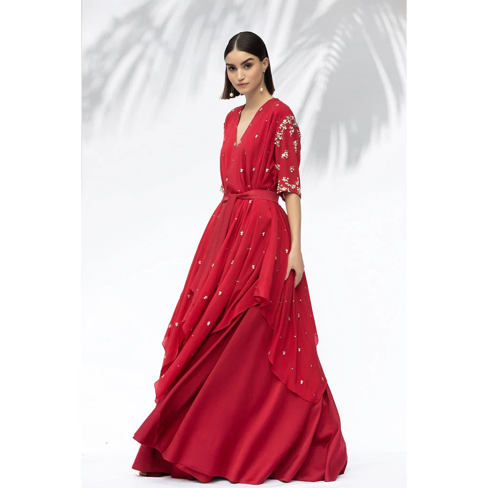 MANDIRA WIRK Ruby Red Tunic With Skirt (Set Of 3) - Image 4