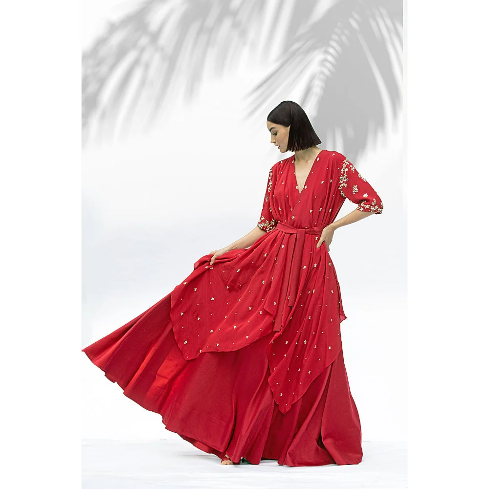 MANDIRA WIRK Ruby Red Tunic With Skirt (Set Of 3) - Image 5