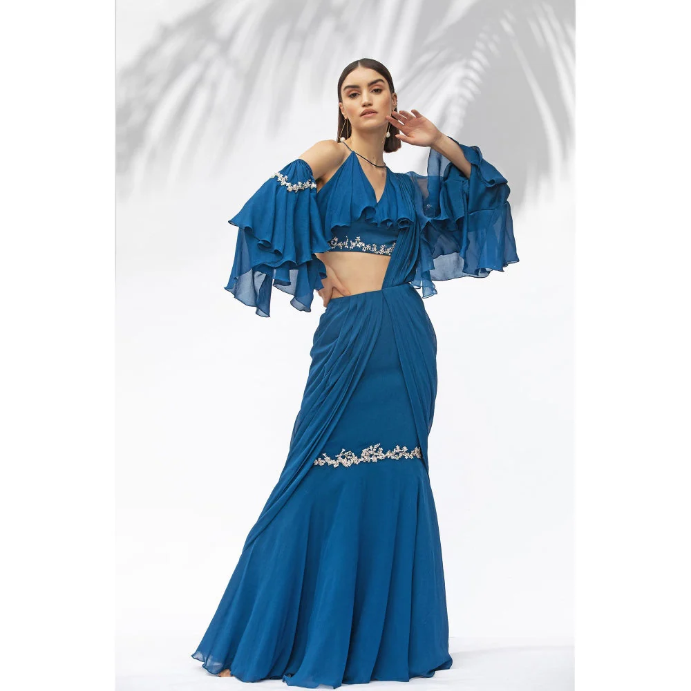 MANDIRA WIRK Saphire Blue Darpe Saree With Blouse (Set Of 2) - Image 3