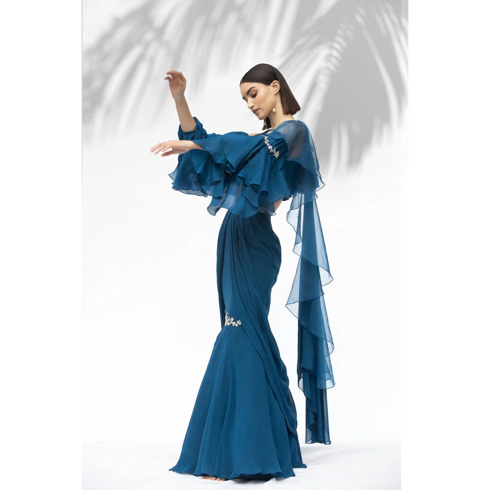 MANDIRA WIRK Saphire Blue Darpe Saree With Blouse (Set Of 2) - Image 4