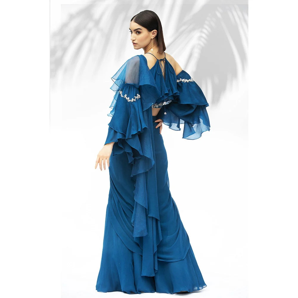MANDIRA WIRK Saphire Blue Darpe Saree With Blouse (Set Of 2) - Image 5