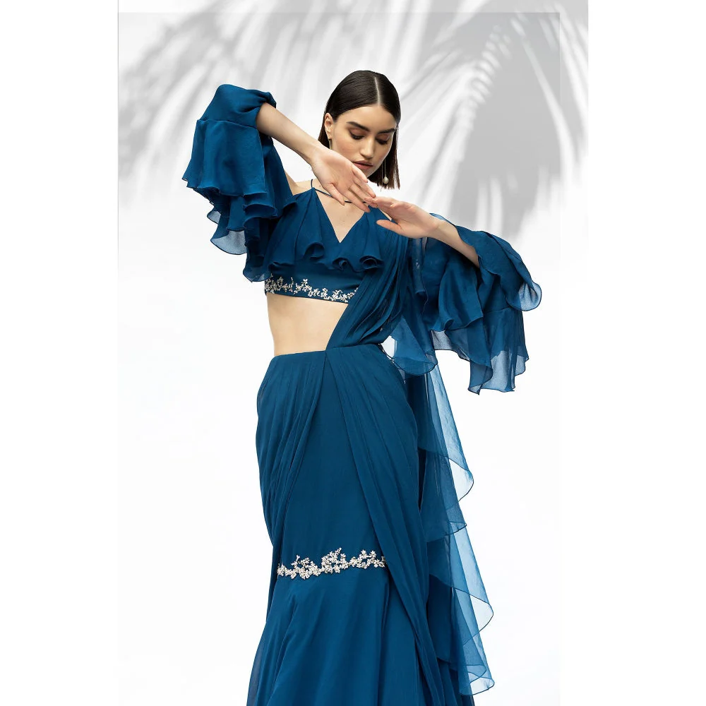 MANDIRA WIRK Saphire Blue Darpe Saree With Blouse (Set Of 2) - Image 6