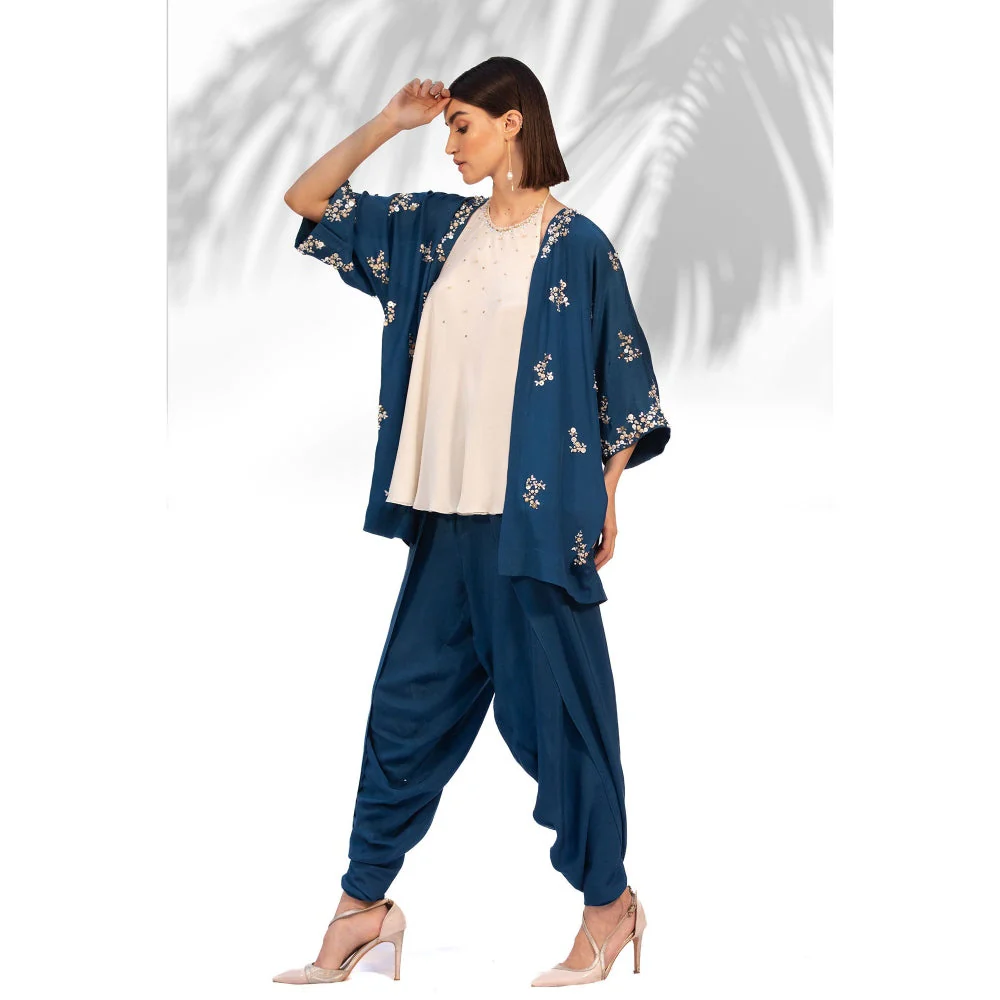 MANDIRA WIRK Saphire Blue Kimono With Halter Neck Top And Dhoti (Set Of 3) - Image 3