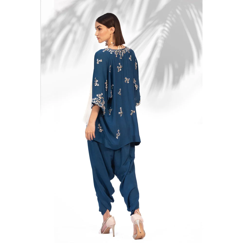 MANDIRA WIRK Saphire Blue Kimono With Halter Neck Top And Dhoti (Set Of 3) - Image 4