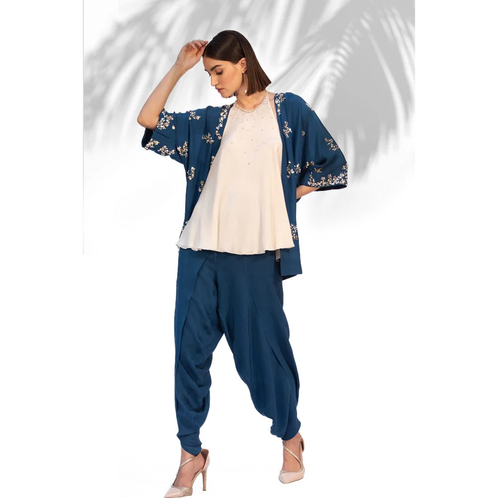 MANDIRA WIRK Saphire Blue Kimono With Halter Neck Top And Dhoti (Set Of 3) - Image 5