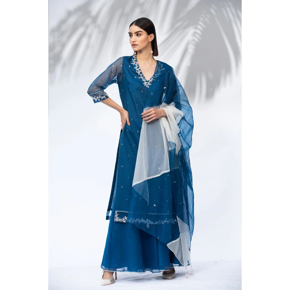 MANDIRA WIRK Saphire Blue Kurta With Palazzo Dupatta (Set Of 3) - Image 3