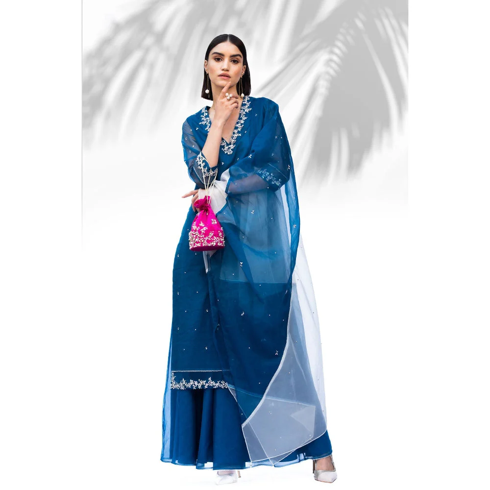MANDIRA WIRK Saphire Blue Kurta With Palazzo Dupatta (Set Of 3) - Image 4
