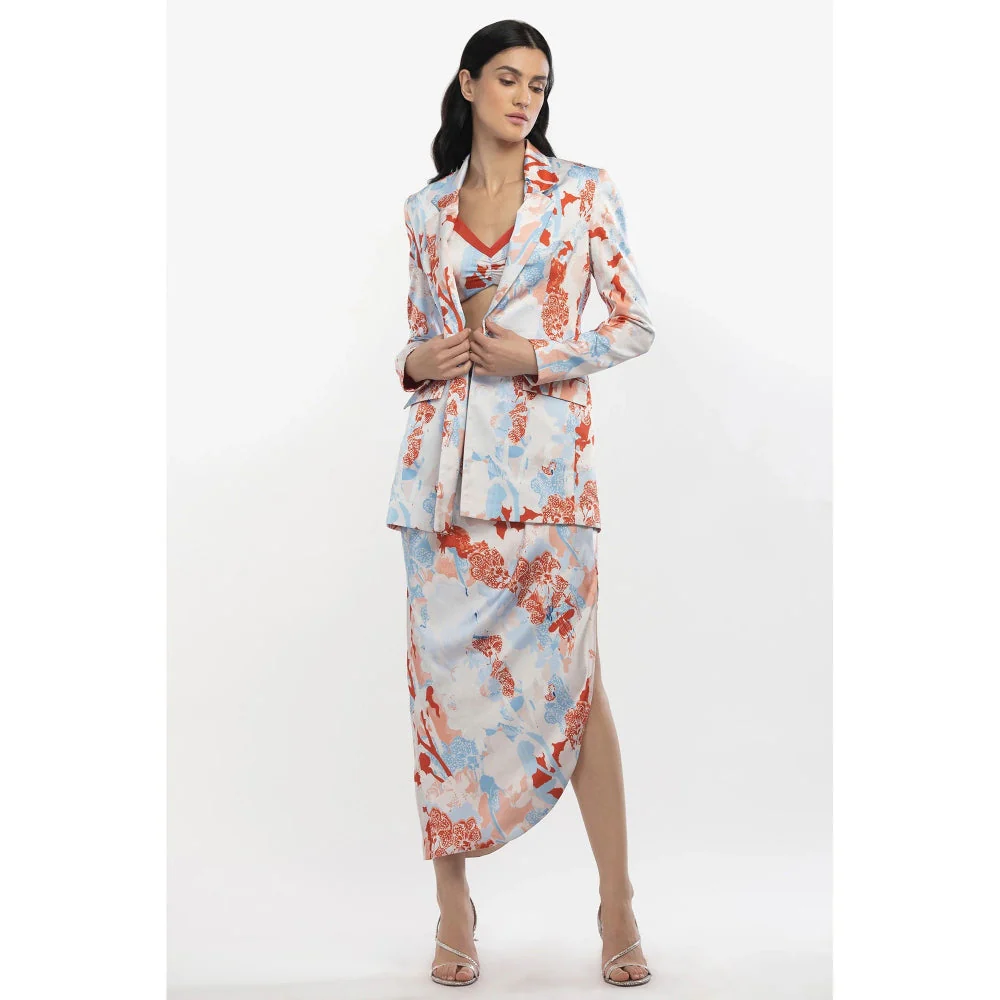 MANDIRA WIRK Satin Printed Jacket with Cowled Skirt and Bustier Ivory & Orange (Set of 3) - Image 4