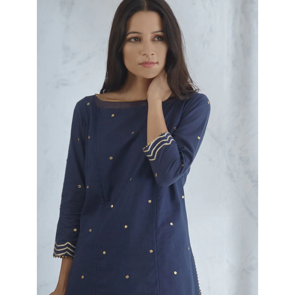 Mandira Wirk Short Navy Gota Embroidered Kurta With Dhoti Pants And Dupatta (Set of 3) - Image 4