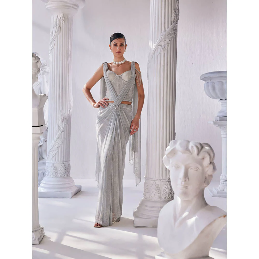 MANDIRA WIRK Silver Saree with Stitched Blouse and Belt - Image 3
