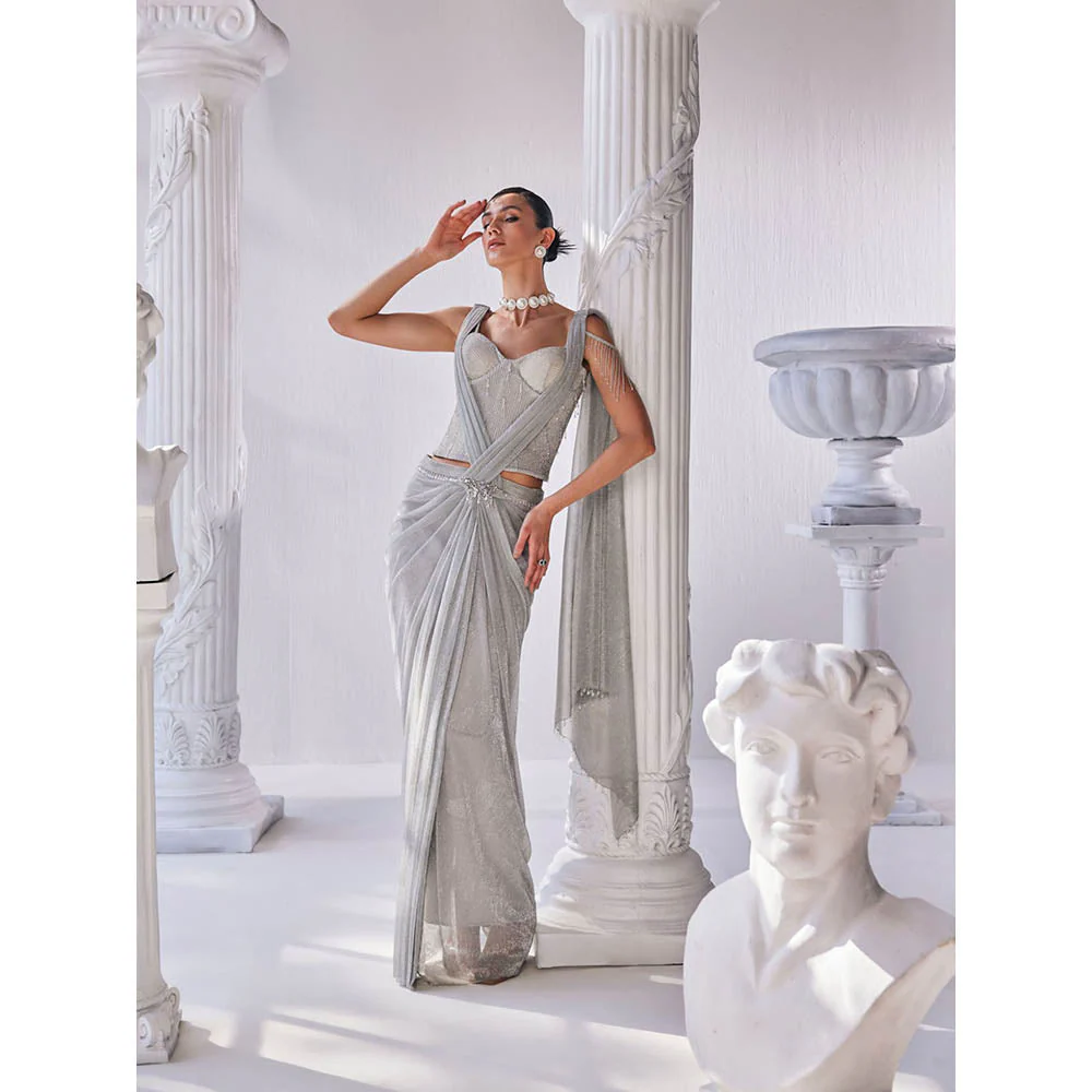 MANDIRA WIRK Silver Saree with Stitched Blouse and Belt - Image 4