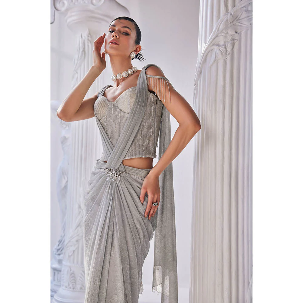 MANDIRA WIRK Silver Saree with Stitched Blouse and Belt - Image 5